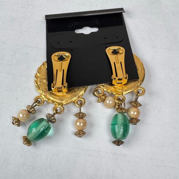 VTG Clip On Earrings Gold Tone Large Stud Glass Beads Dangle Funky 80s Art - Picture 5 of 5